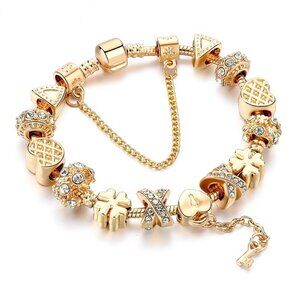 Luxury 14K Gold Plated Charm Bracelet with Crystal Beads & Key Pendant